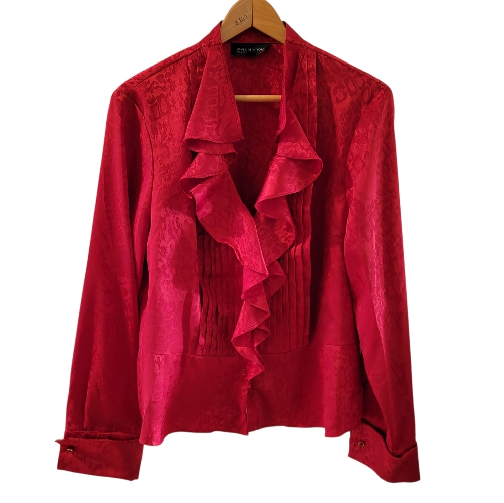 90s Jones New York Red Ruffle Cropped Long Sleeve Blouse XL